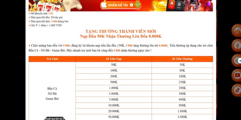 Nạp đầu U888 nhận thưởng hậu hĩnh